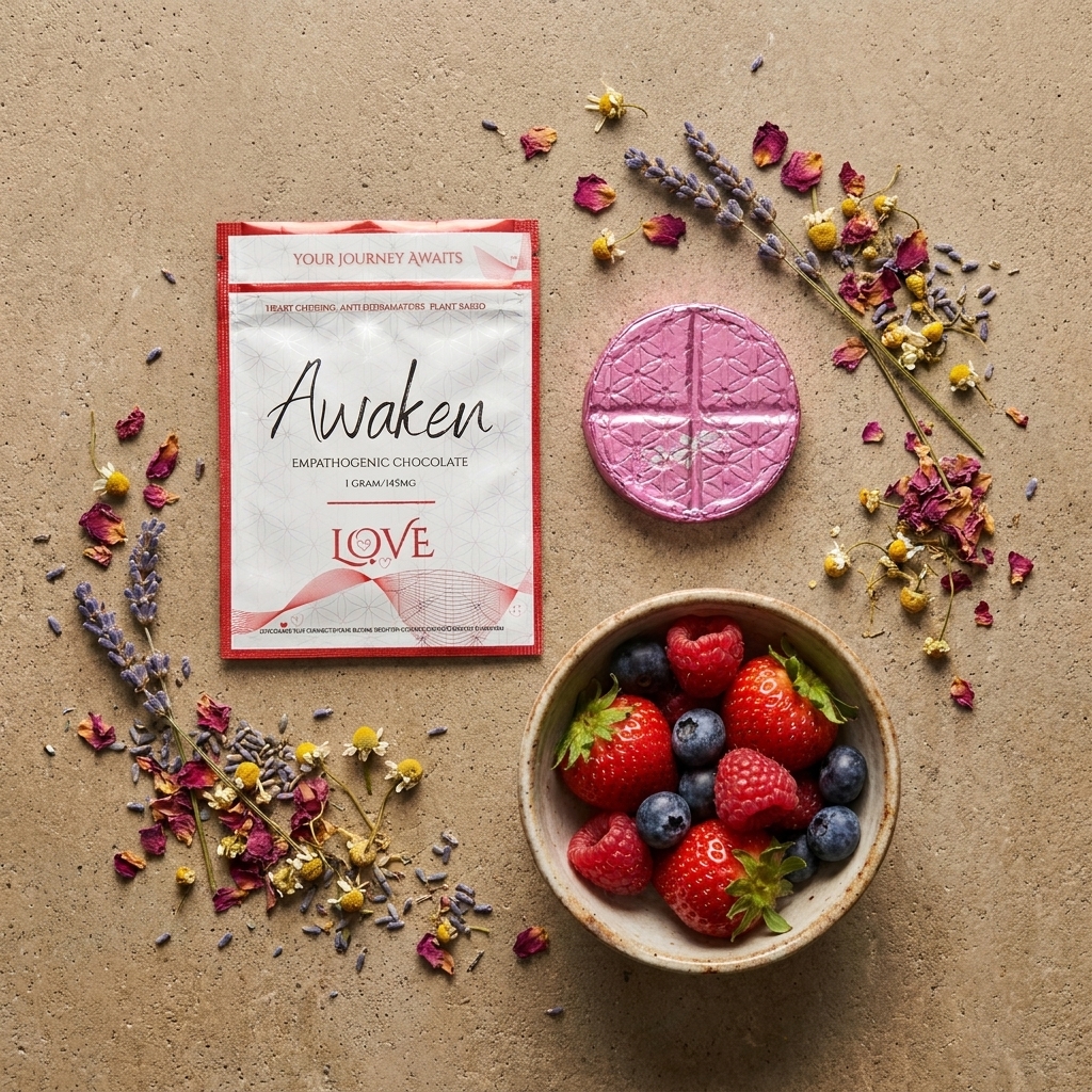 Ceremonial cacao chocolate in pink foil with rose petals and berries
